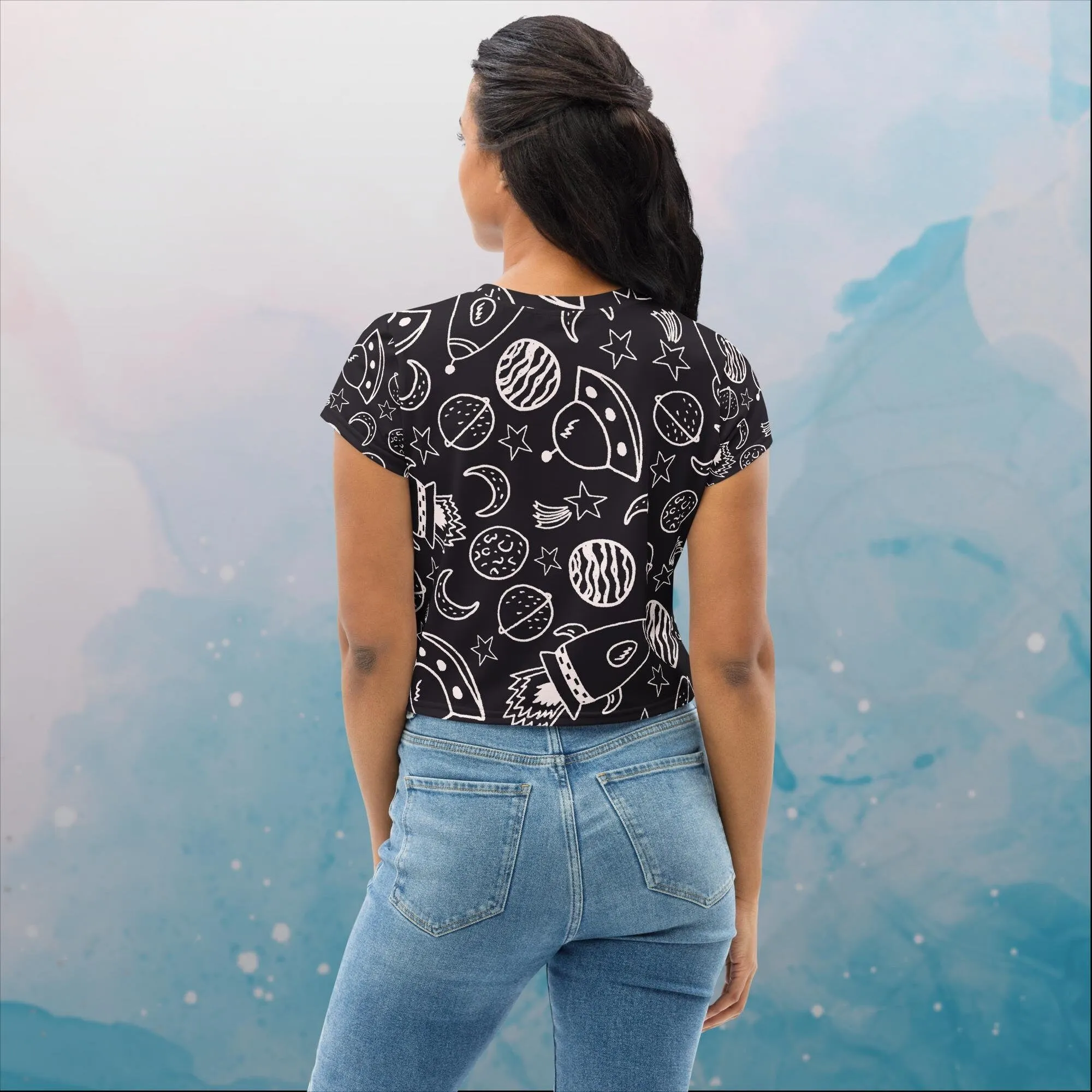 Rockets and Planets Womens Print Crop Tee