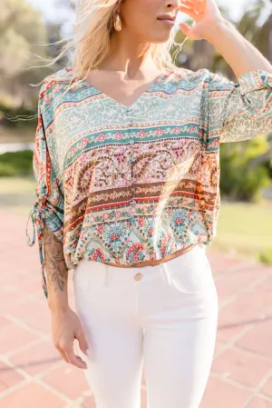 Sema 3/4 Ruched Sleeve Paisley Print Top Jade