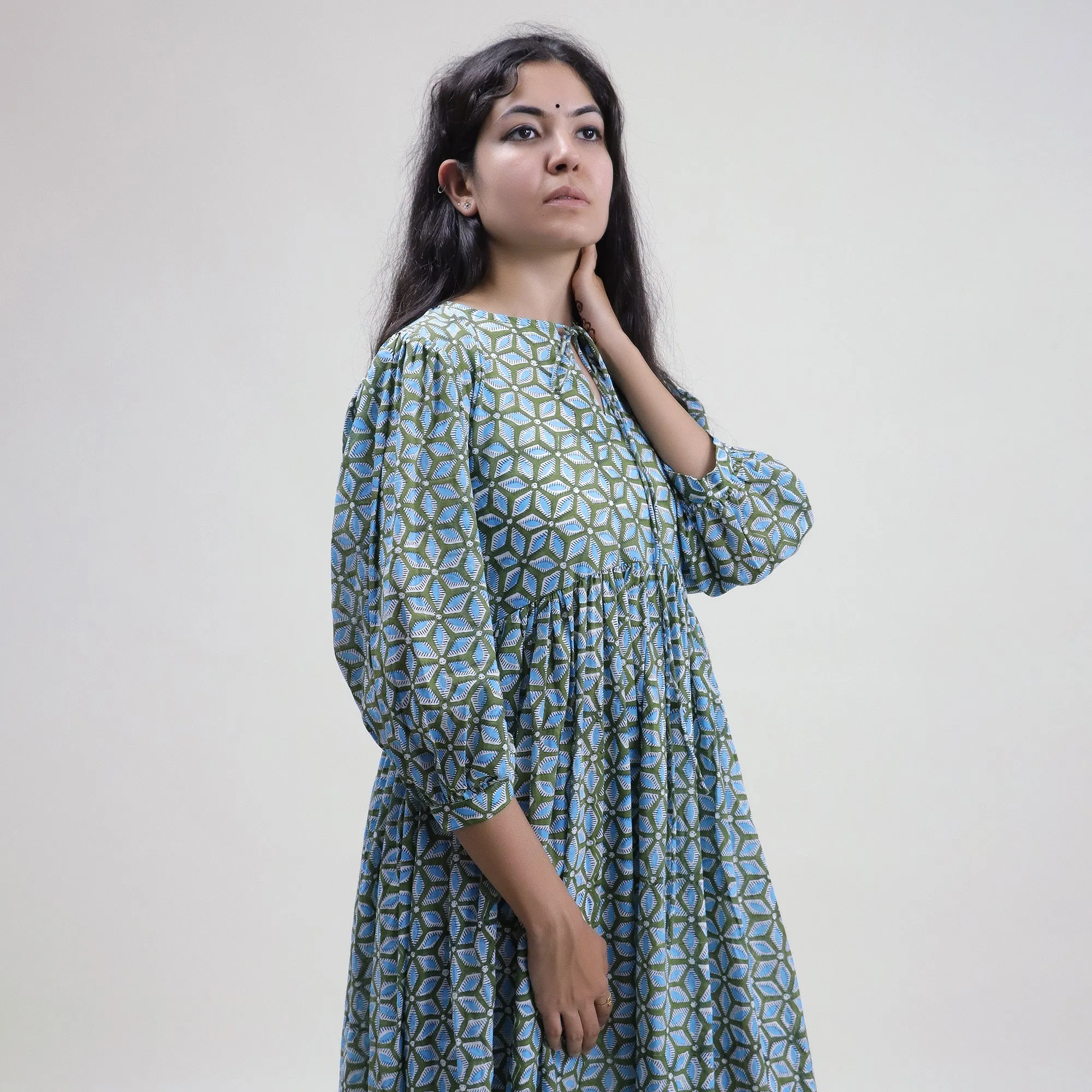 Sky Blue Floral Block Printed Soft Cotton Dress