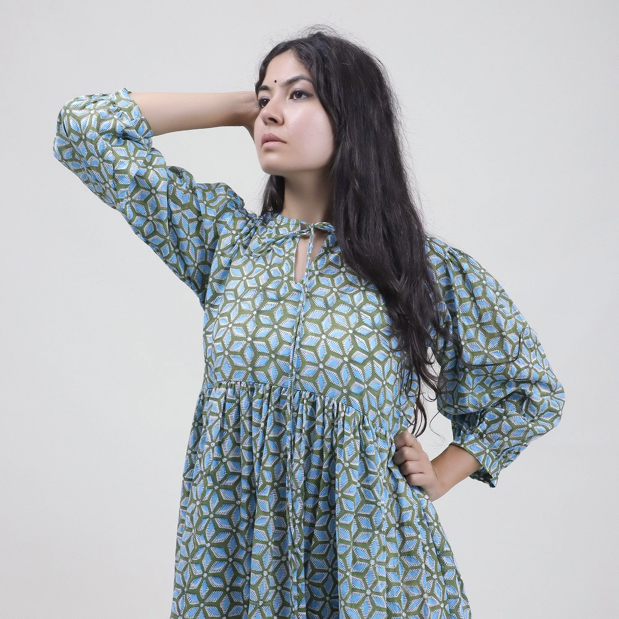 Sky Blue Floral Block Printed Soft Cotton Dress