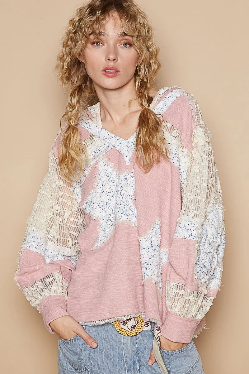 Star Patch Lace Long Sleeve Hooded Top