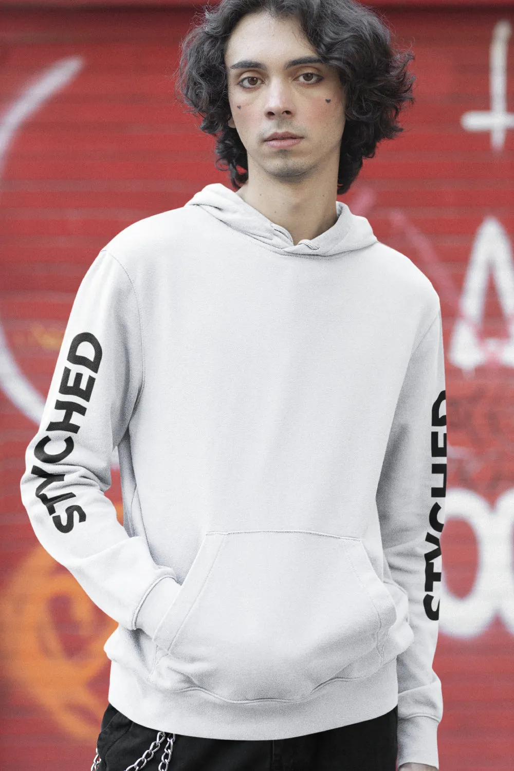 Styched Sleeve Print Premium Non Zipper White Hoodie