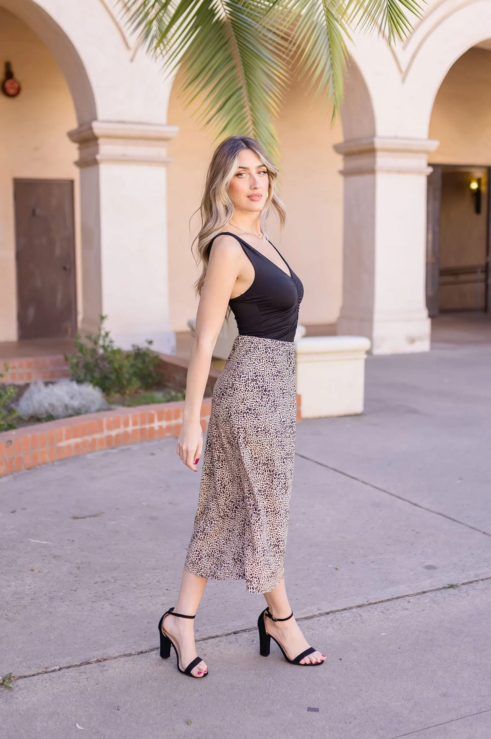 Susie High Waist Leopard Print Midi Skirt Brown