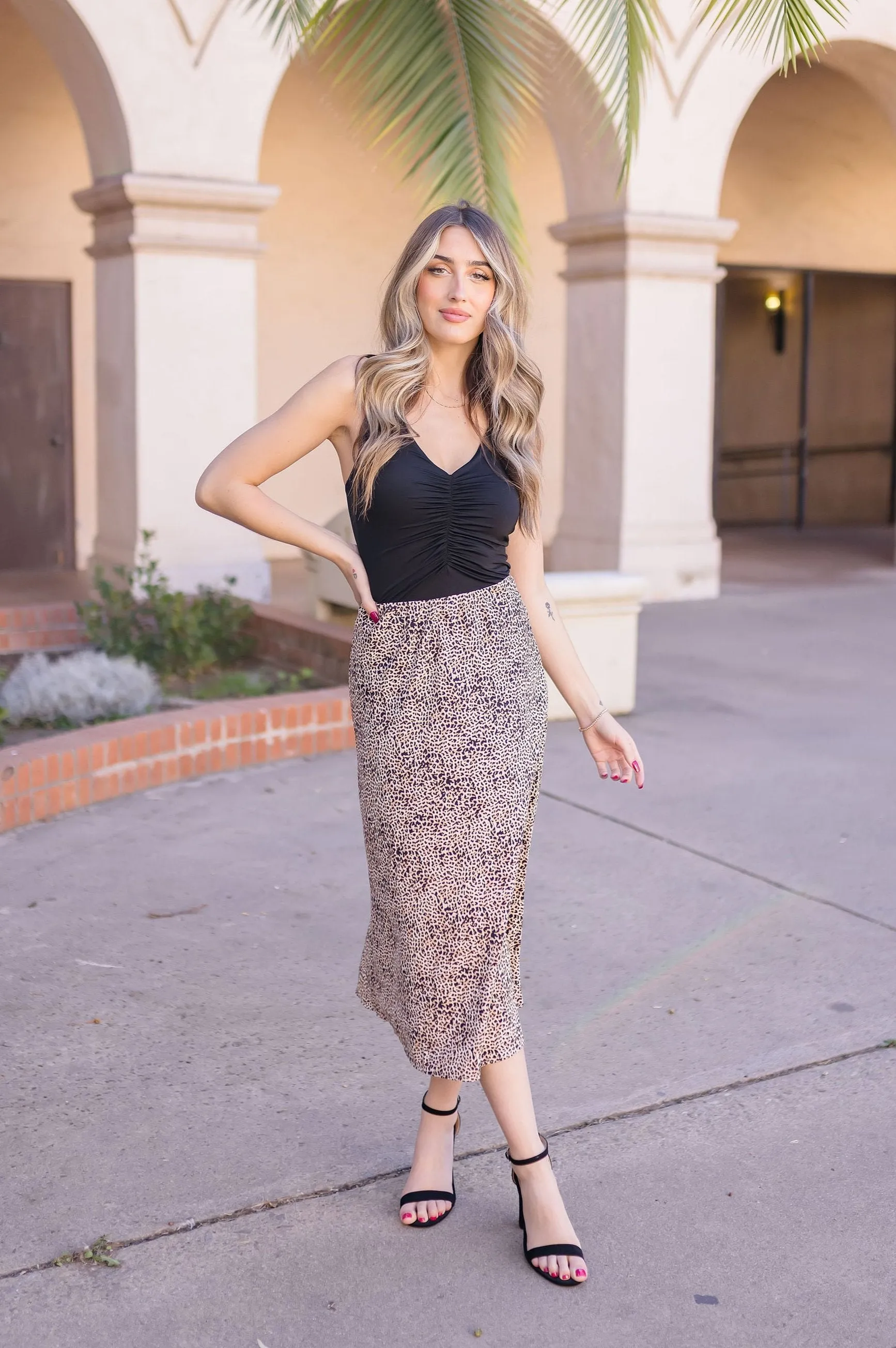 Susie High Waist Leopard Print Midi Skirt Brown