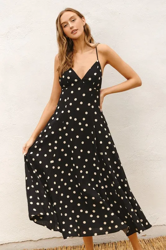 Sydney Sleeveless Back Tie Polka Dot Print Maxi Dress Black