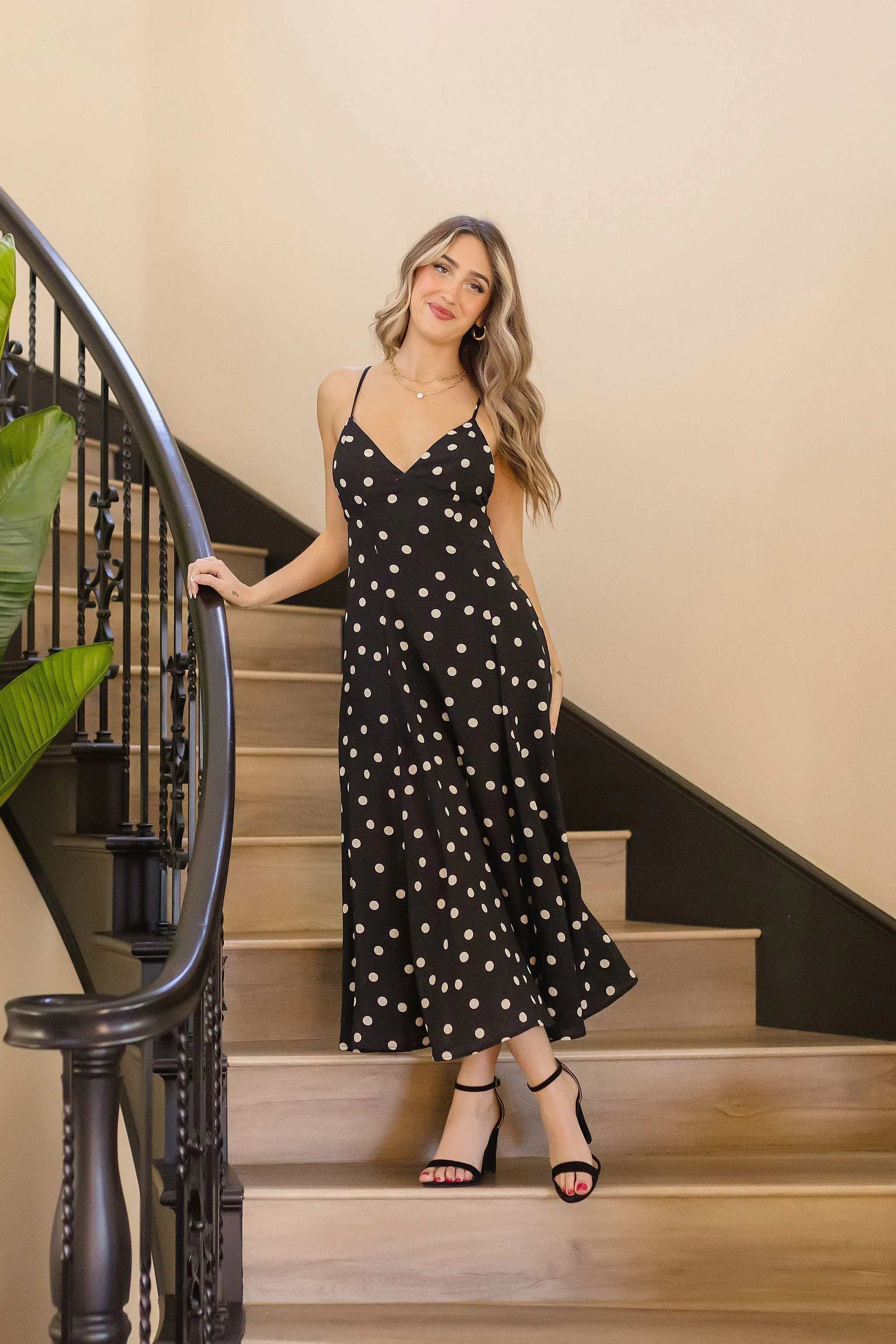 Sydney Sleeveless Back Tie Polka Dot Print Maxi Dress Black