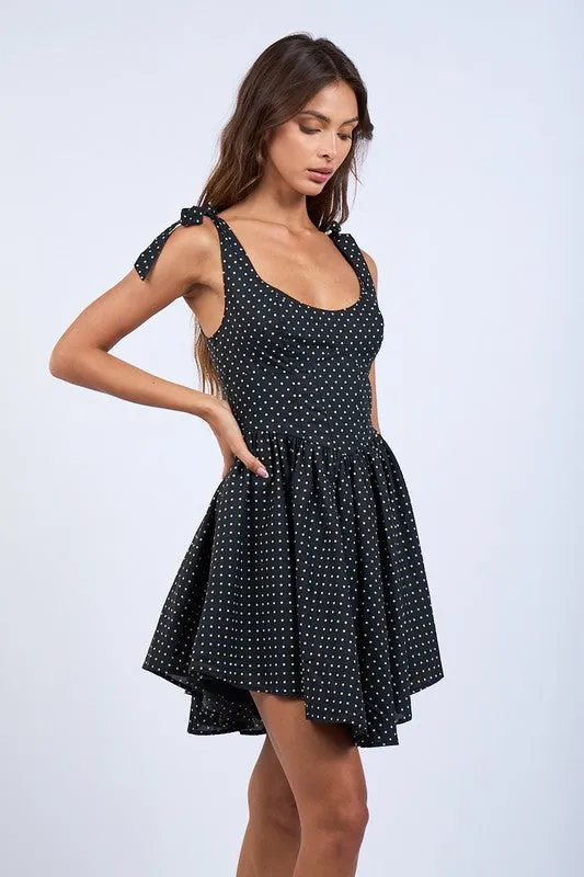 Tiffany Sleeveless Shoulder Tie Cross Back Polka Dot Mini Dress Black