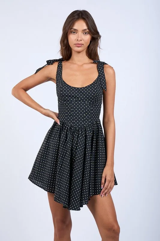 Tiffany Sleeveless Shoulder Tie Cross Back Polka Dot Mini Dress Black