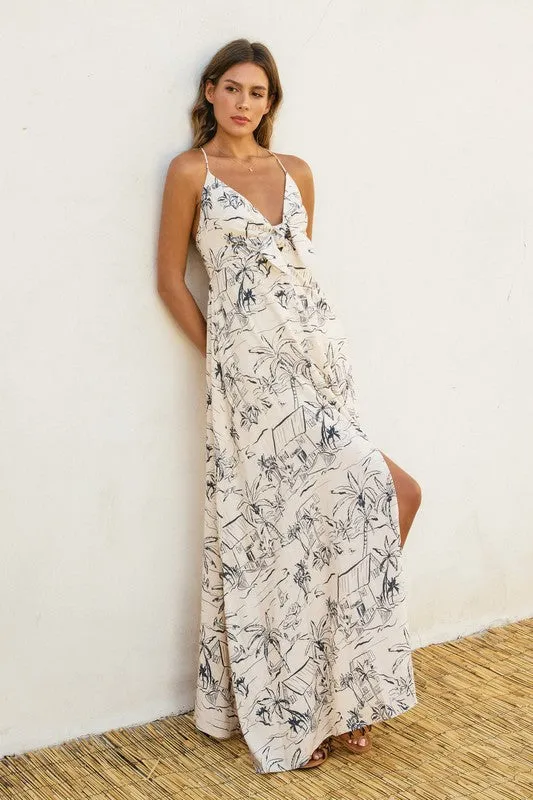 Waitlist 1/22 ♥ Faye Sleeveless Back Tie  Palm Print Linen Maxi Dress White