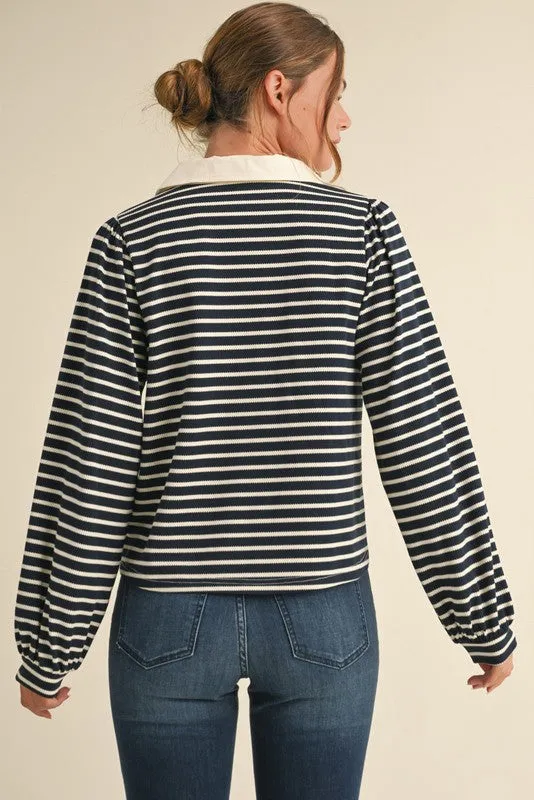 Waitlist 12/25 ♥ Vivian Long Sleeve Bow Tie Stripe Print Top Navy