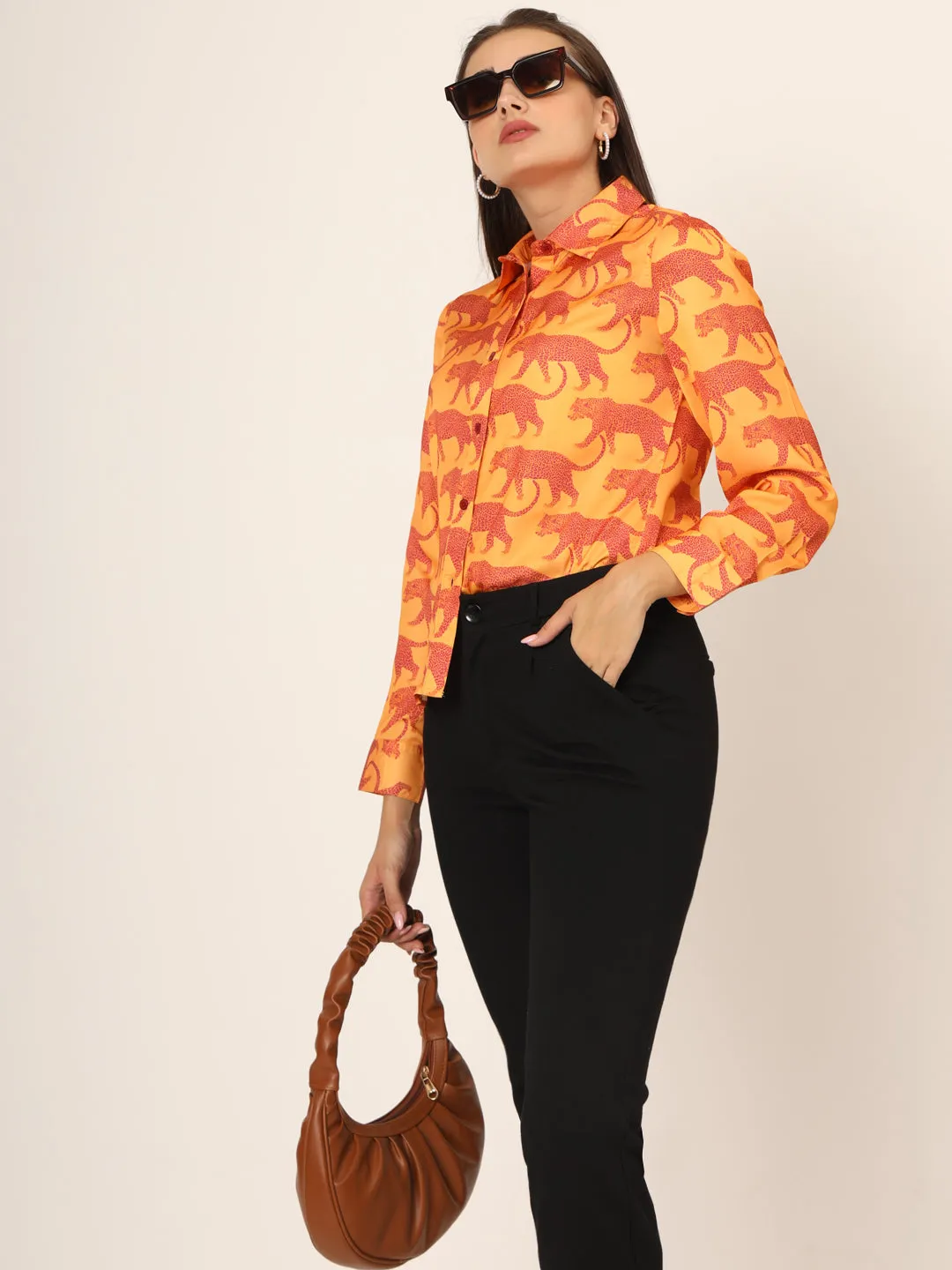 Women Slim Fit Animal Printed Spread Collar Casual Yellow Shirt