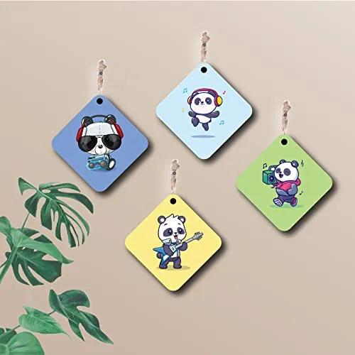 woopme® 4 PCs Rockstar Panda Printed Wall Hanging For Home Kids Room Shops Hall Wall Decor (8 x 8 Inch)