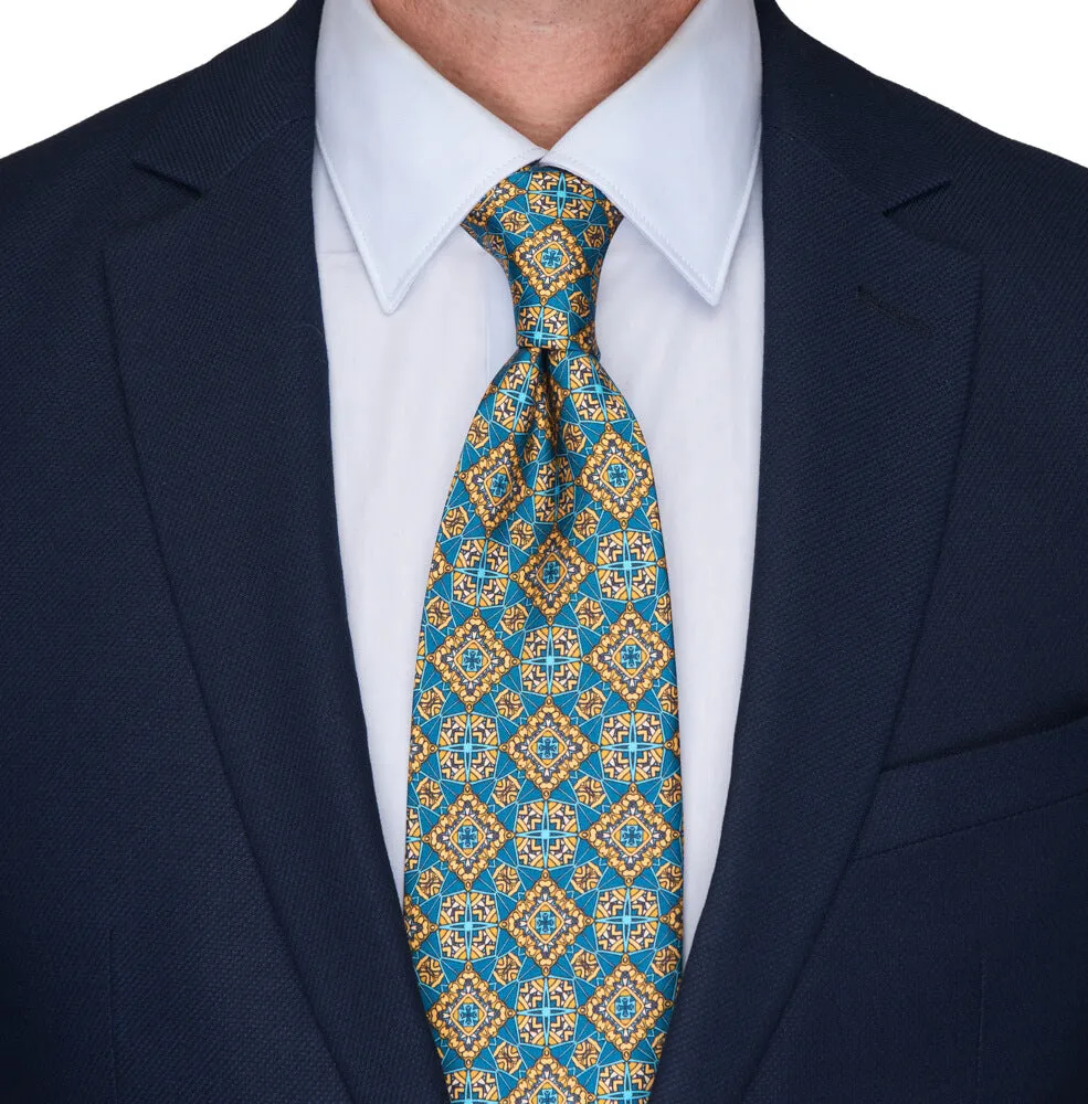 Yellow and Teal Medieval Art Duchesse Silk Tie