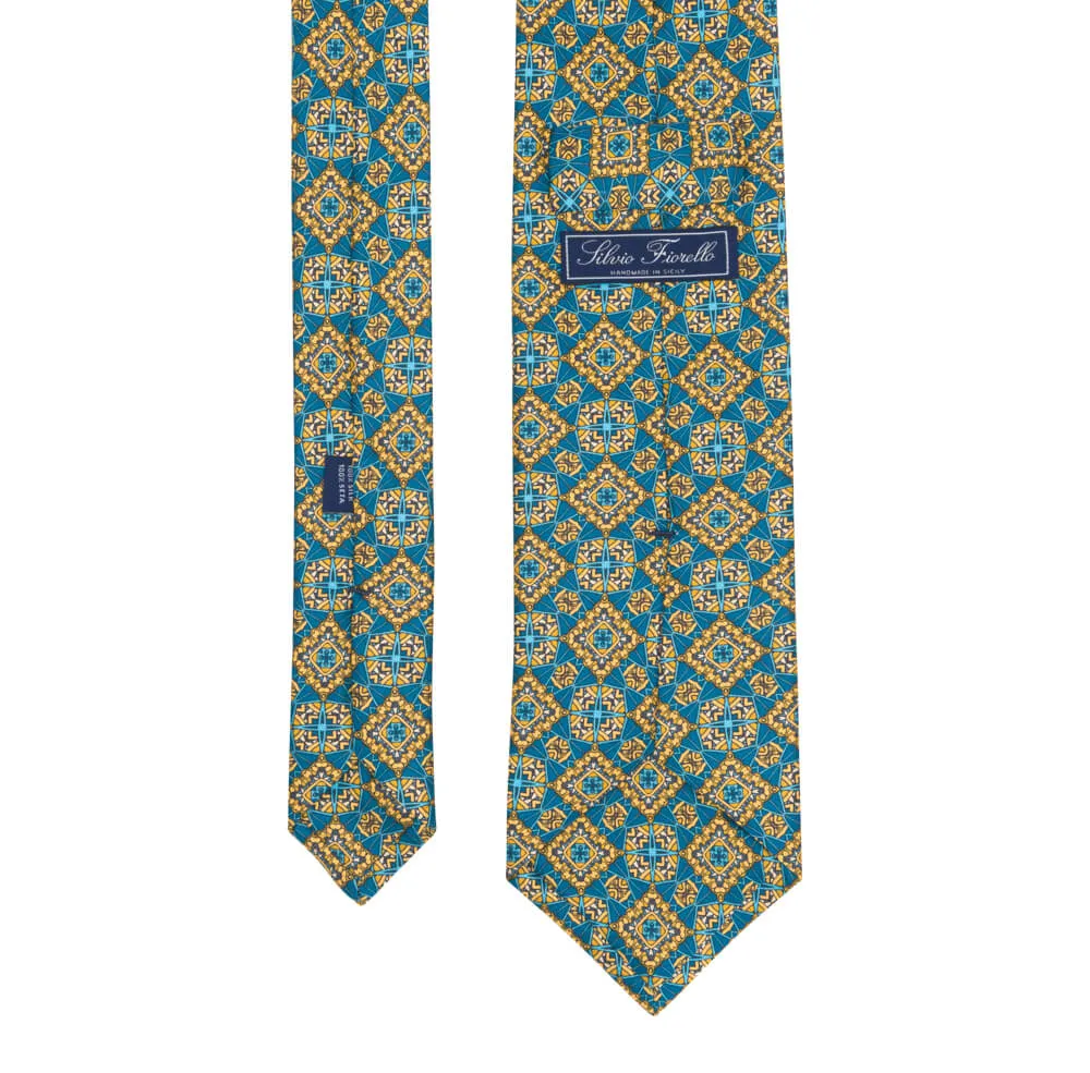 Yellow and Teal Medieval Art Duchesse Silk Tie