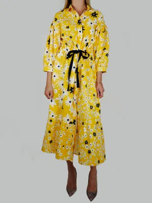 YELLOW COTTON & SILK FLORAL DRESS