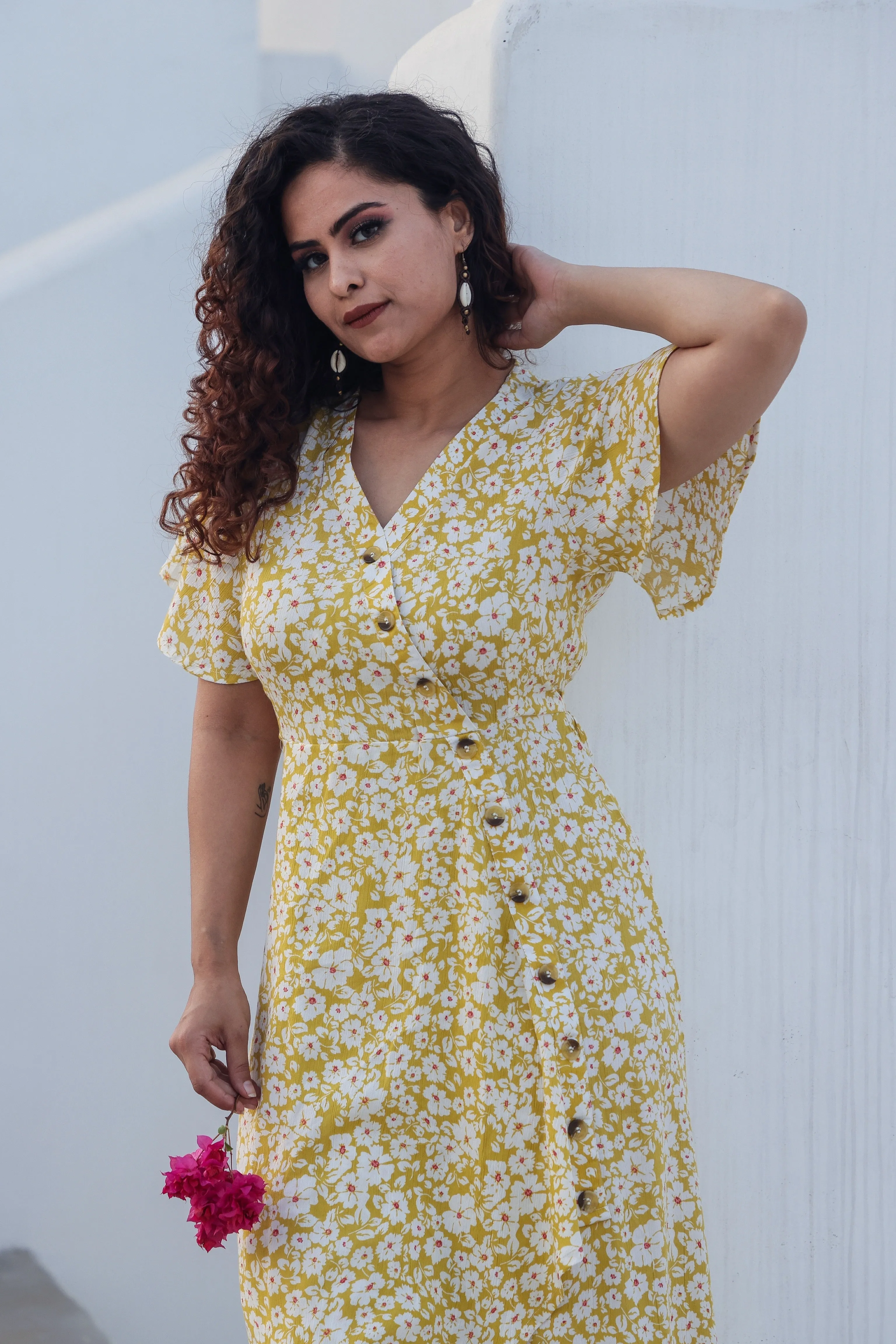 Yellow Printed Midi Dress