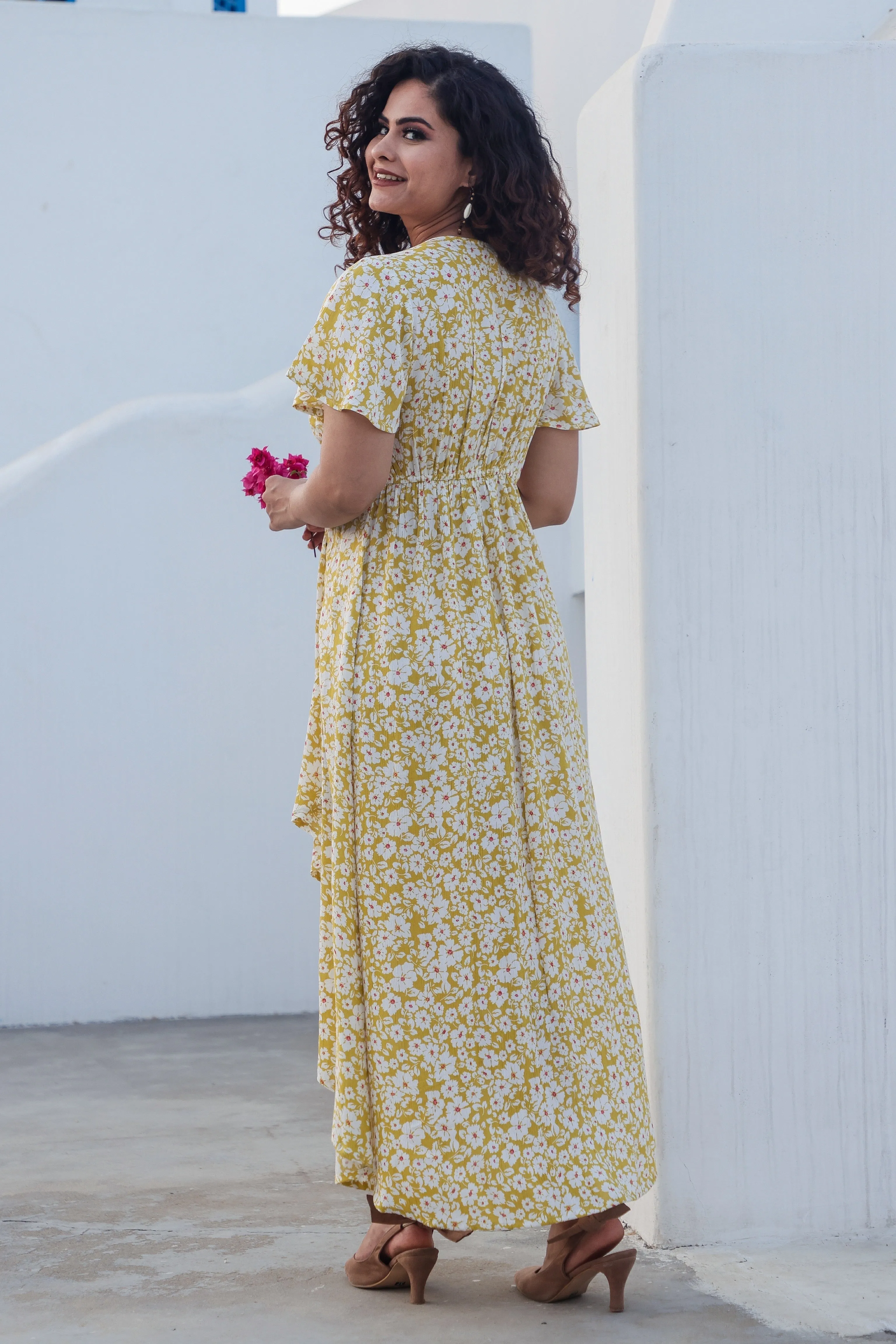 Yellow Printed Midi Dress